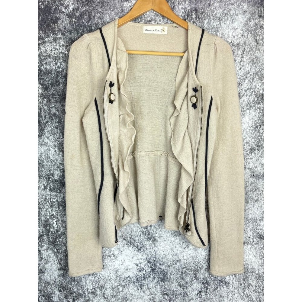 Anthropologie Charlie & Robin Cream Wool Striped Ruffle Sweater Jacket Shacket S